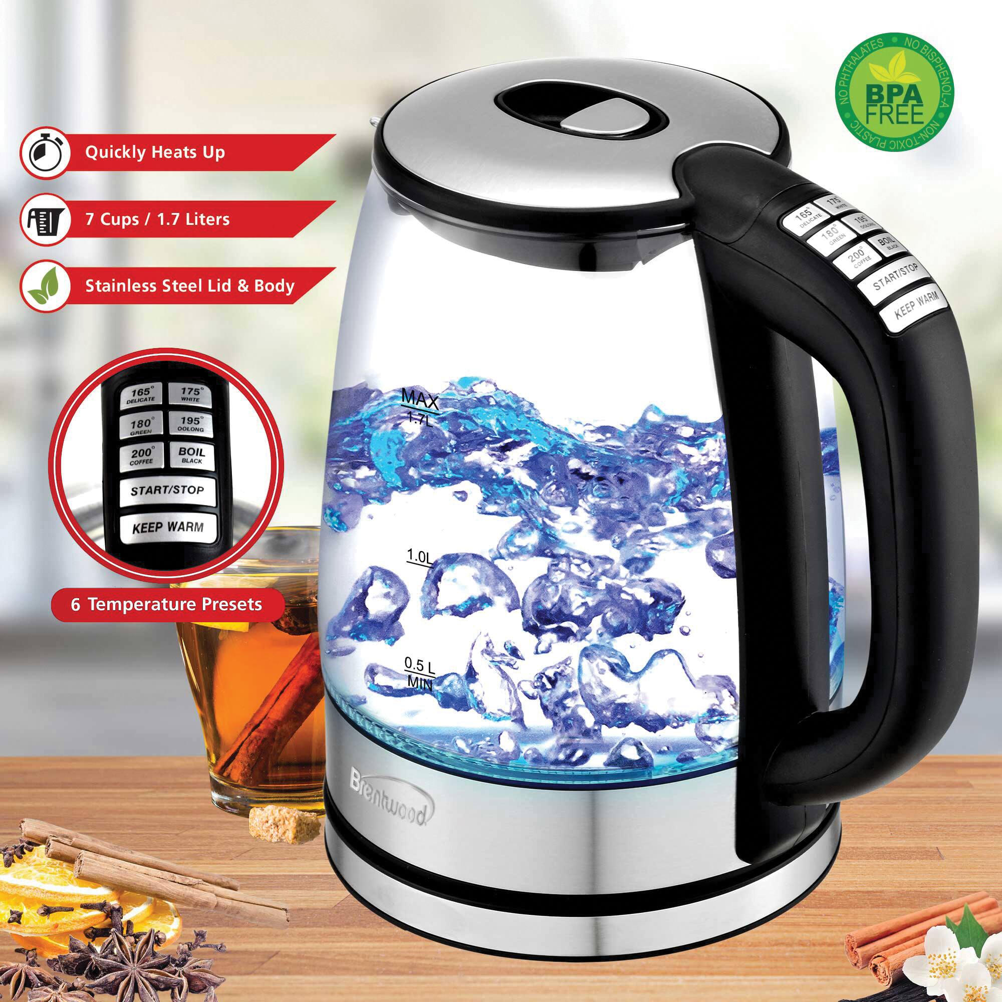 Brentwood 1.79qt. Cordless Digital Glass Electric Kettle with 6 Precise Temperature Presets and Swivel Base